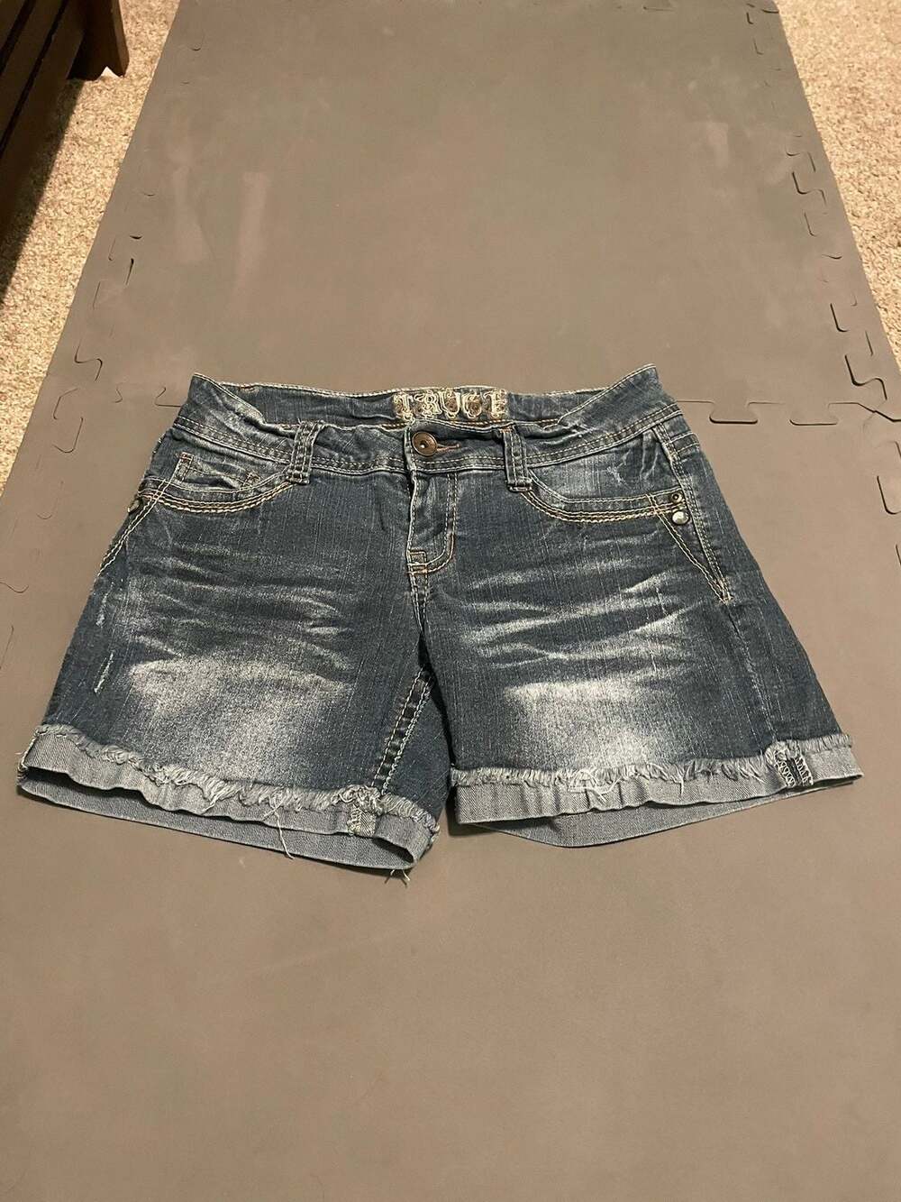 Truce Women's Dark Wash Denim Embroidered Cuffed Jean Shorts